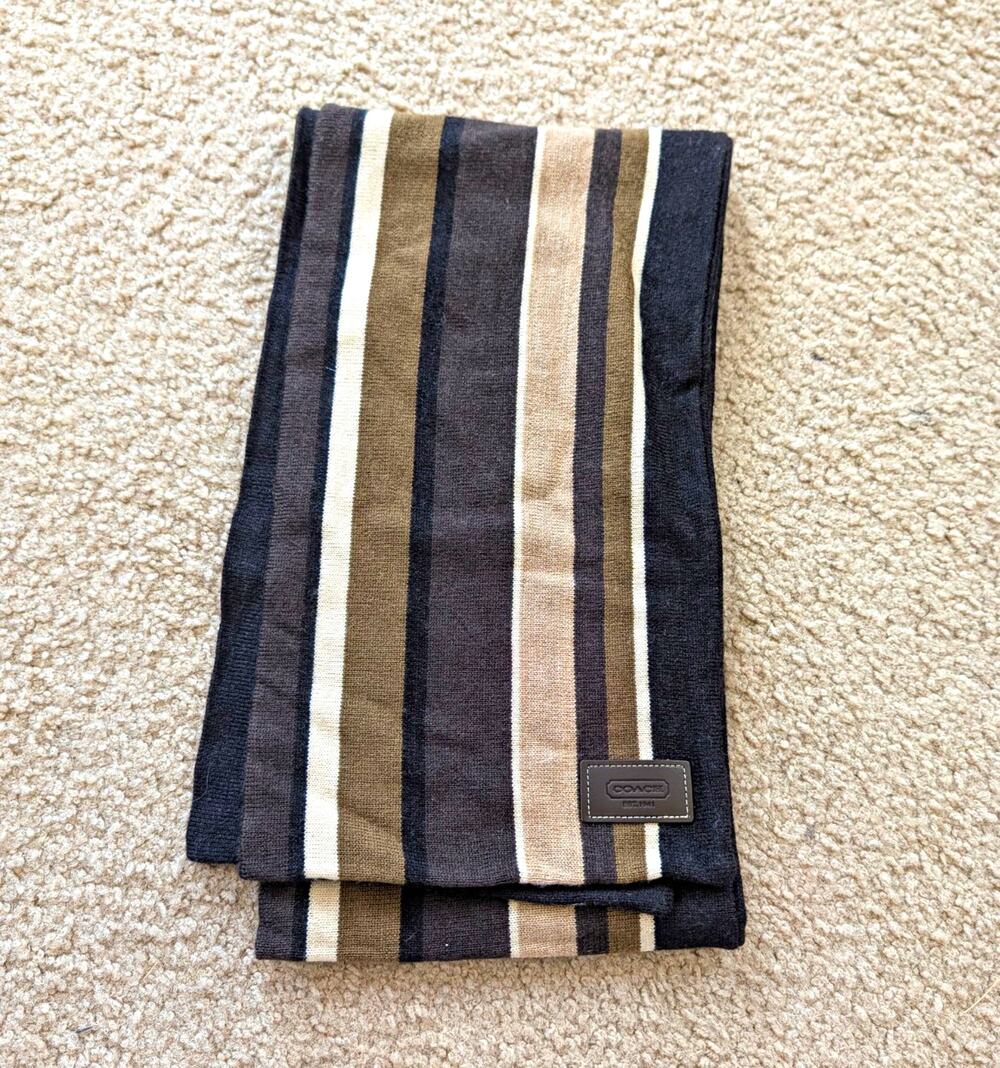 Coach Men's Striped Merino Wool Knit Scarf w/ Logo Black Tan White Brown